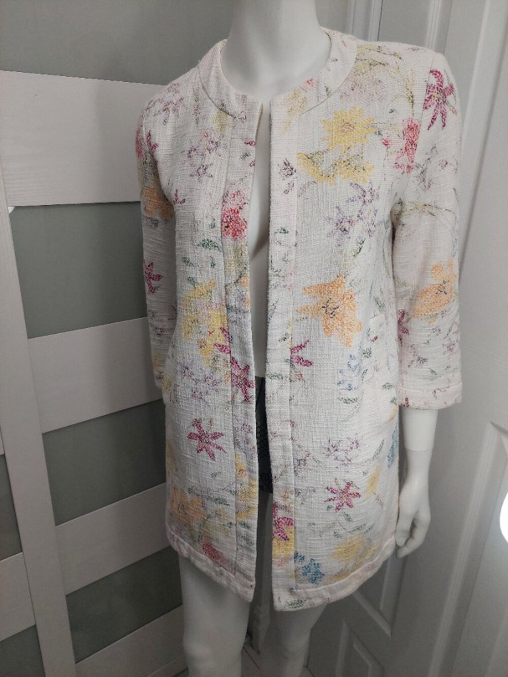 Zara Basic Multicolor Floral Textured Tweed Longline Open Coat M - Picture 2 of 8